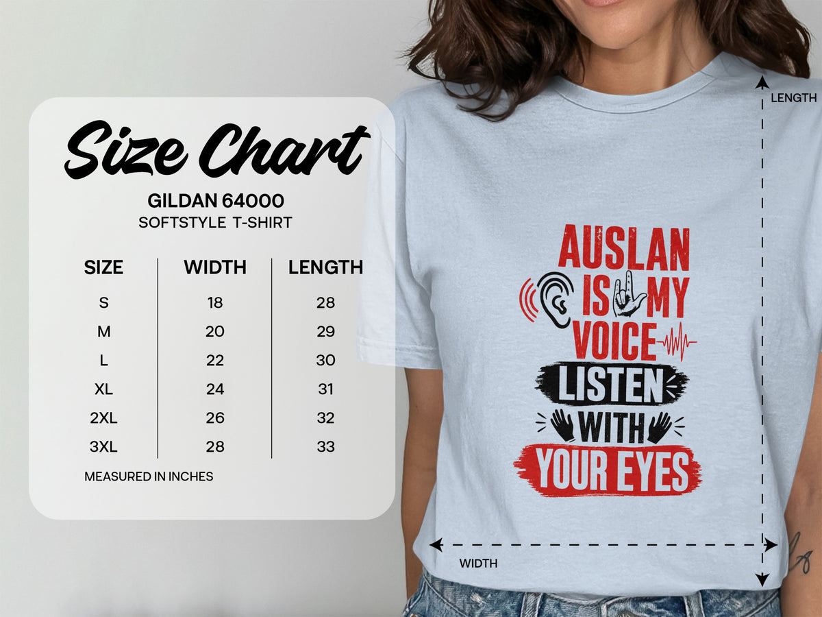 Light blue t-shirt with "Auslan is my voice, listen with your eyes" graphic and size chart.