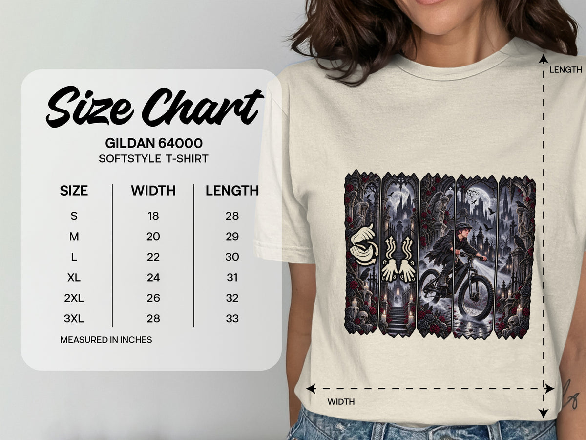 Gildan 64000 Softstyle T-shirt size chart with width and length measurements in inches.