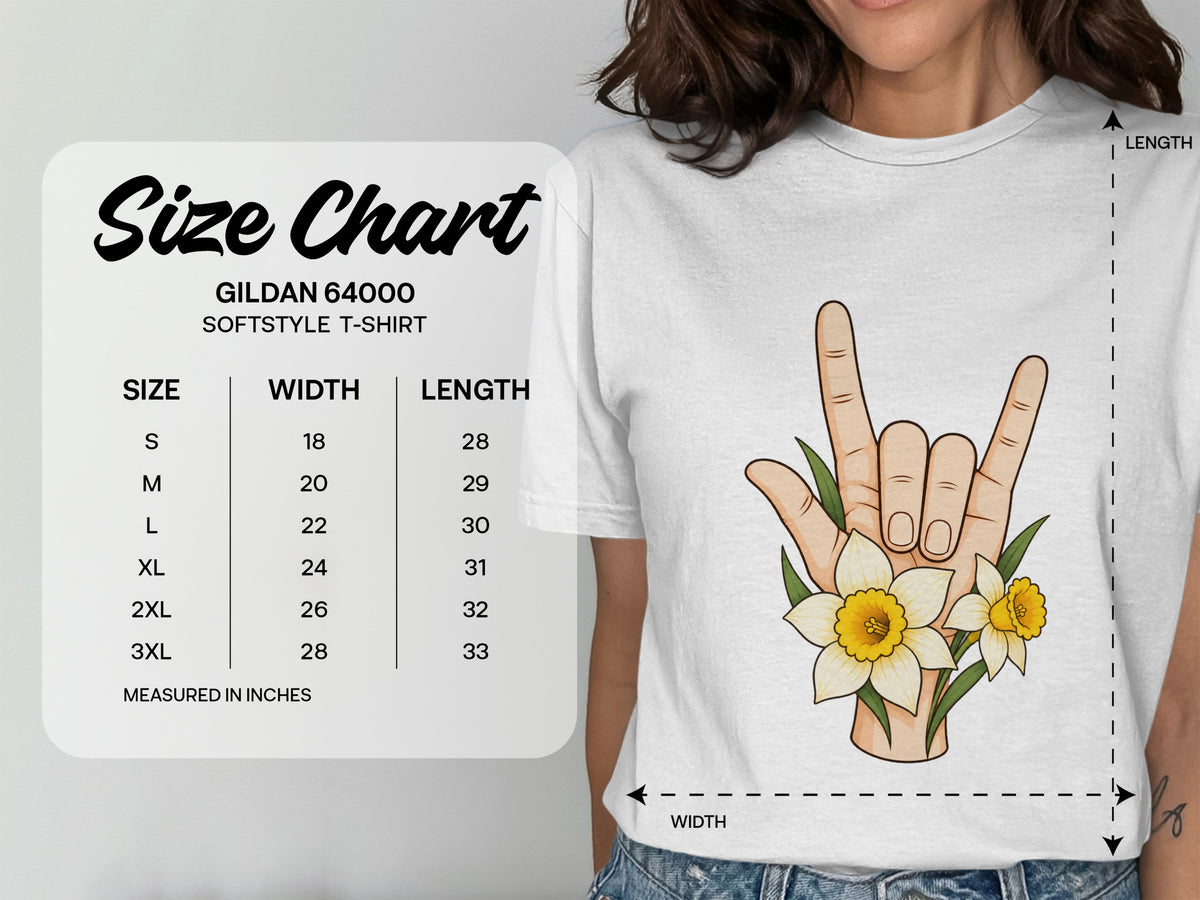 Gildan 64000 Softstyle T-shirt size chart showing width and length measurements in inches.