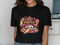 Deaf Poker Divas text with playing cards, poker chips, diamonds, and coins.