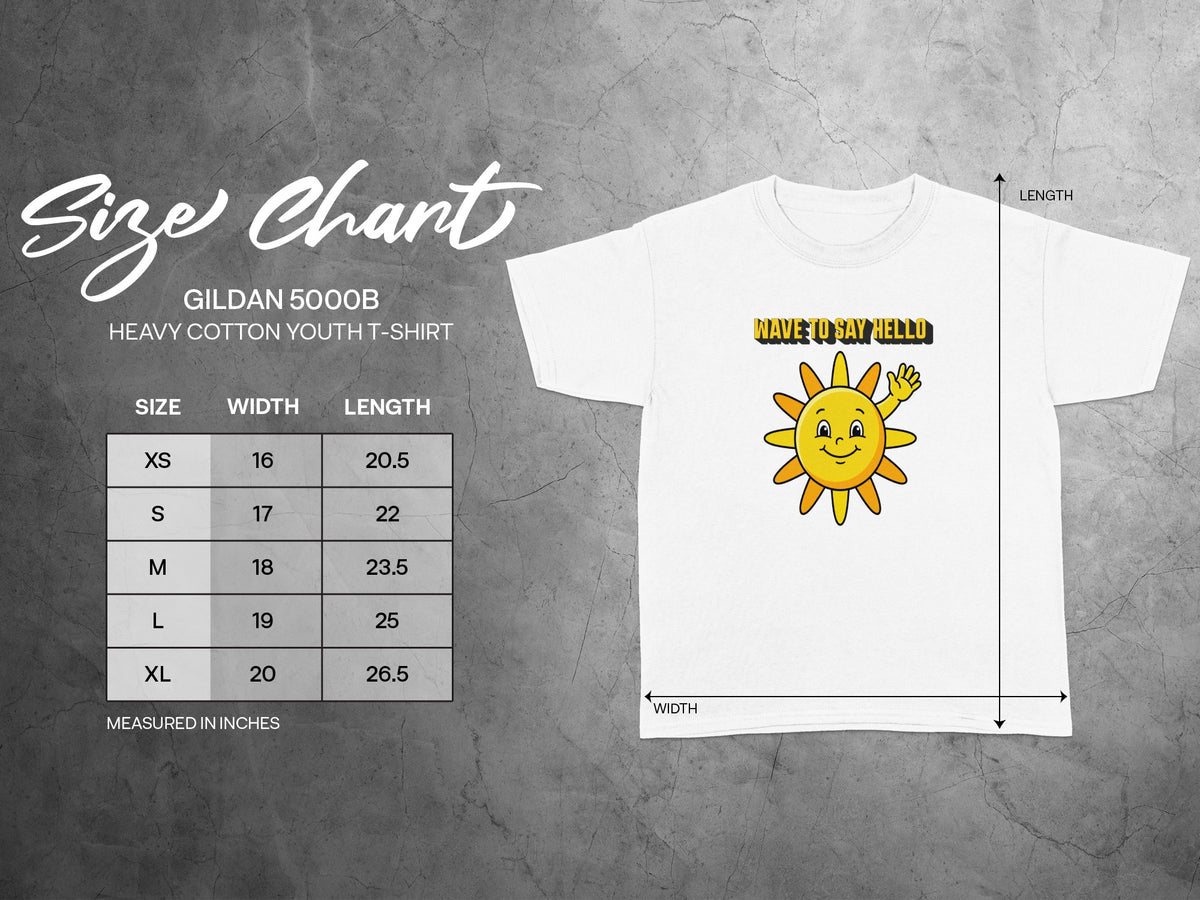 Gildan 5000B youth t-shirt size chart with width and length measurements in inches.