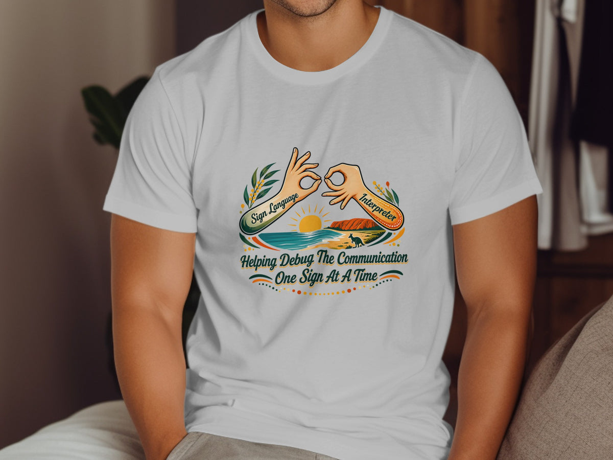 T-shirt graphic with hands signing, sun, and text "Helping Debug The Communication".