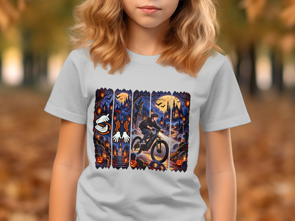 Graphic t-shirt with Halloween graveyard, haunted house, bats, and cyclist riding e-bike.