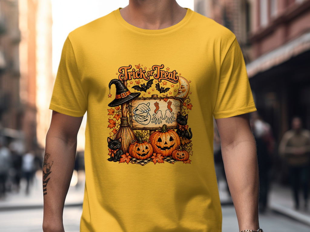 Halloween graphic with "Trick or Treat" text, pumpkins, black cats, witch hat, and broom.