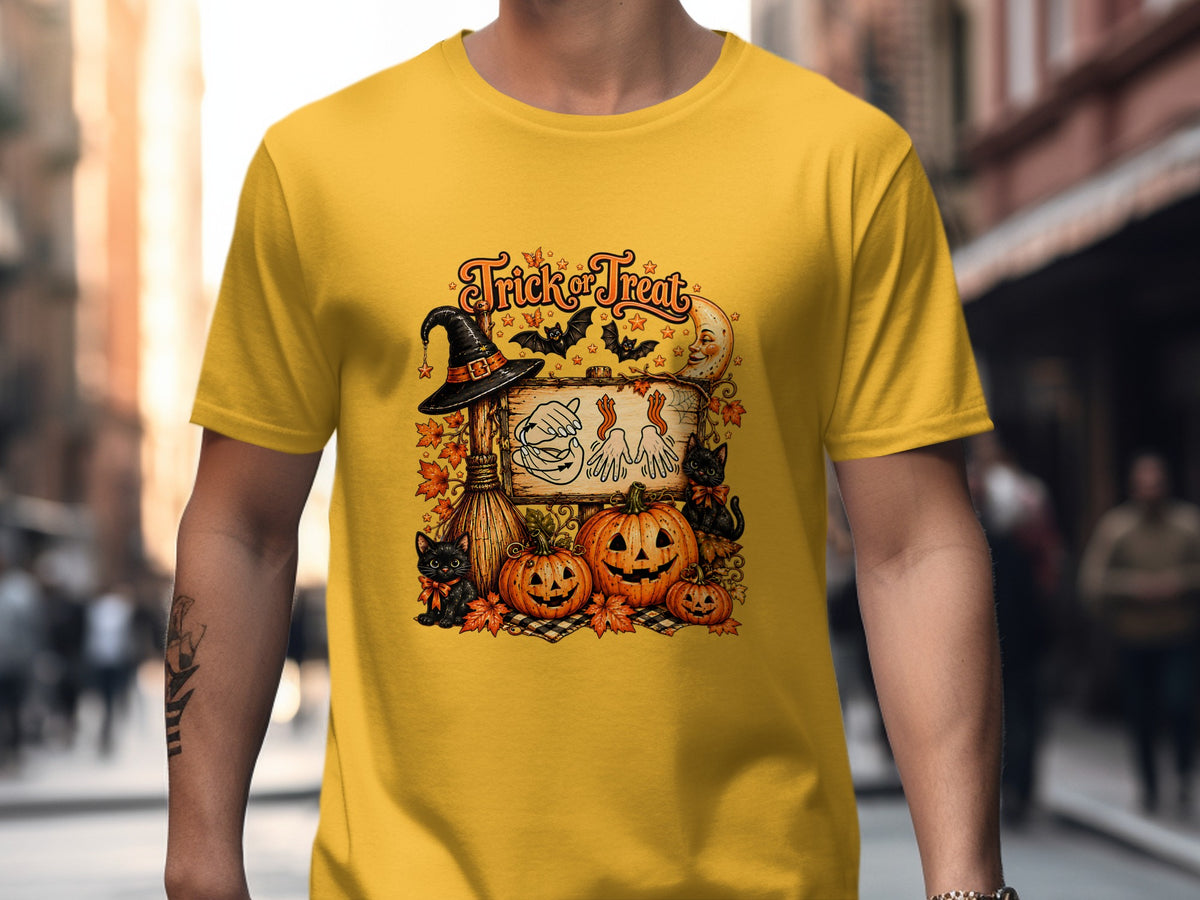 Halloween graphic with "Trick or Treat" text, pumpkins, black cats, witch hat, and broom.