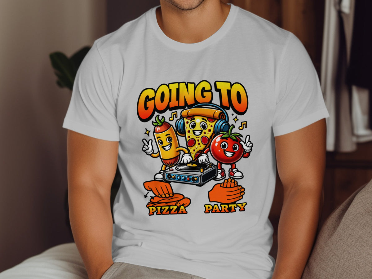 Cartoon pizza, hot dog, and tomato DJing on a turntable with "Going to Pizza Party" text.
