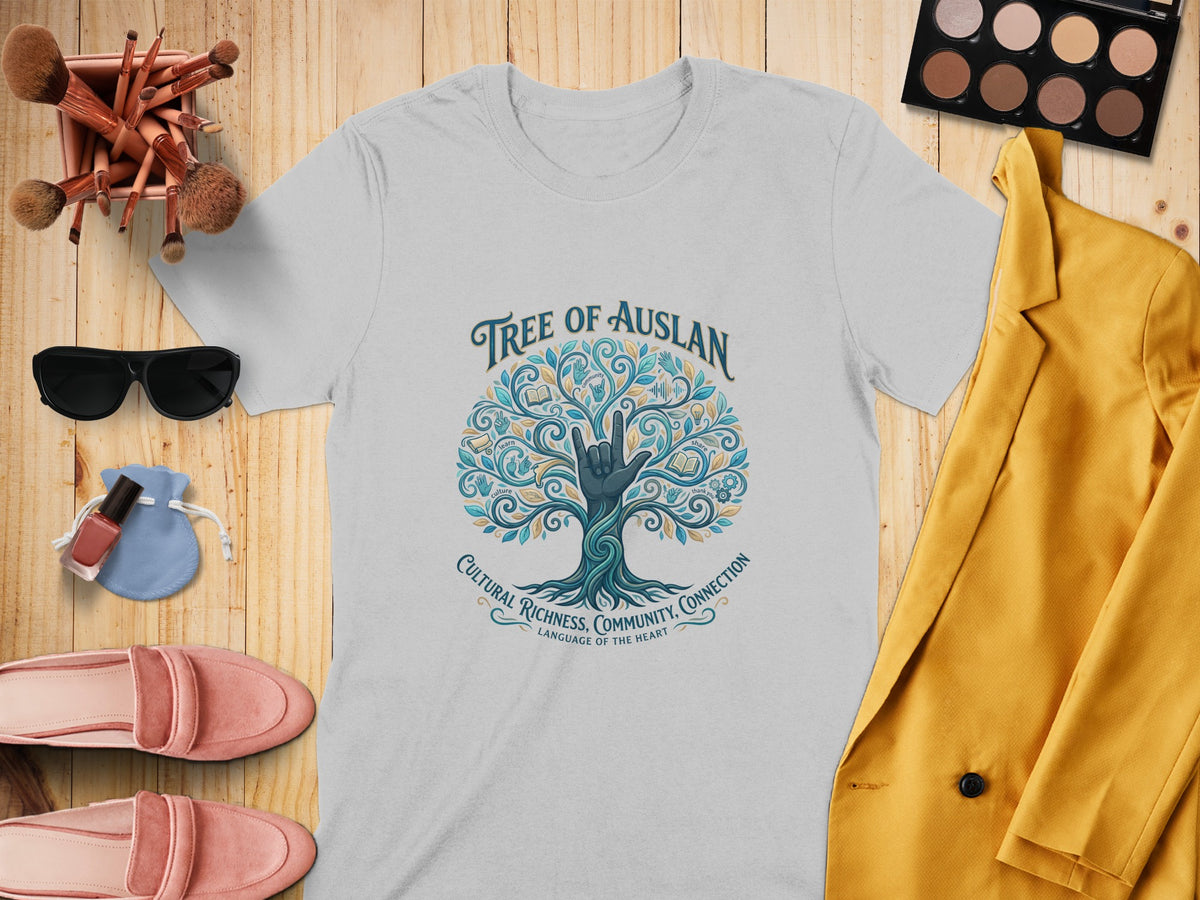 Grey t-shirt with "Tree of Auslan" design featuring a tree with hand and book icons.