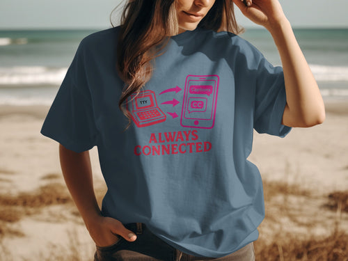 T-shirt with graphic of laptop and phone, text "Always Connected".