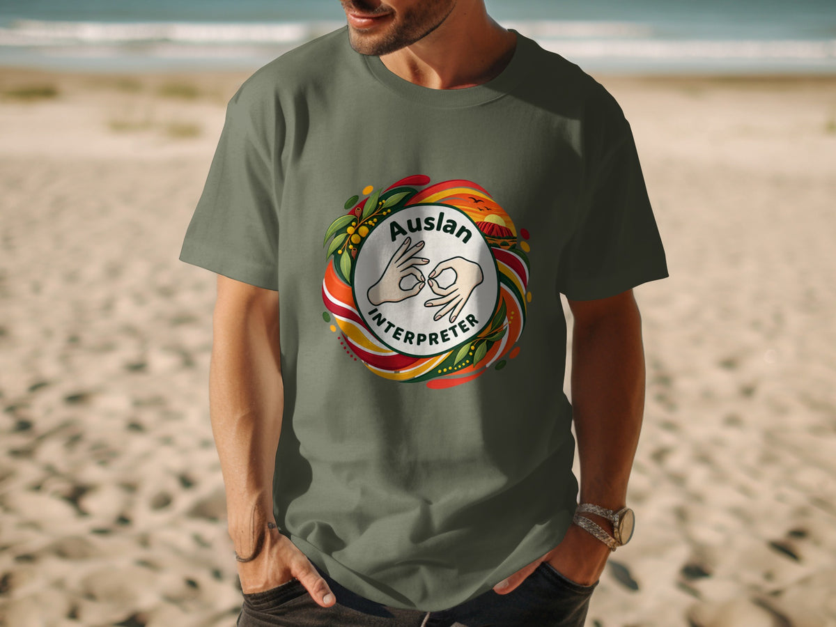 T-shirt with circular graphic featuring hands signing, text, and Australian landmarks.