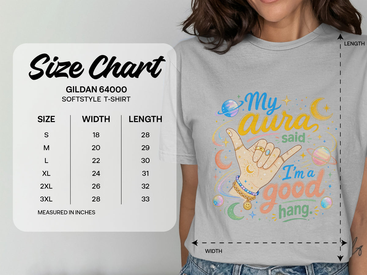 Gildan 64000 Softstyle t-shirt size chart with width and length in inches.