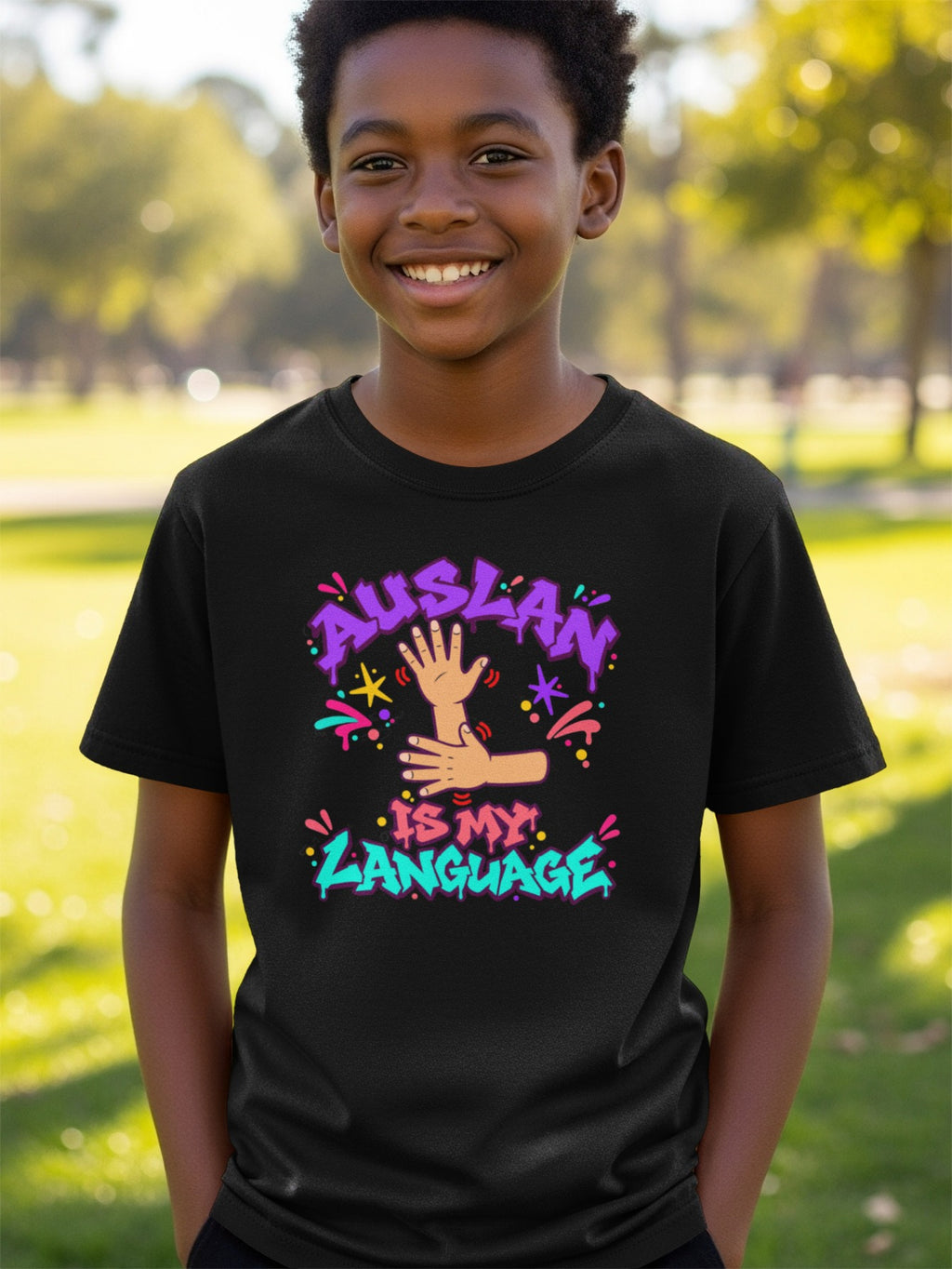 Black t-shirt with "AUSLAN IS MY LANGUAGE" and hands in colorful graffiti style.