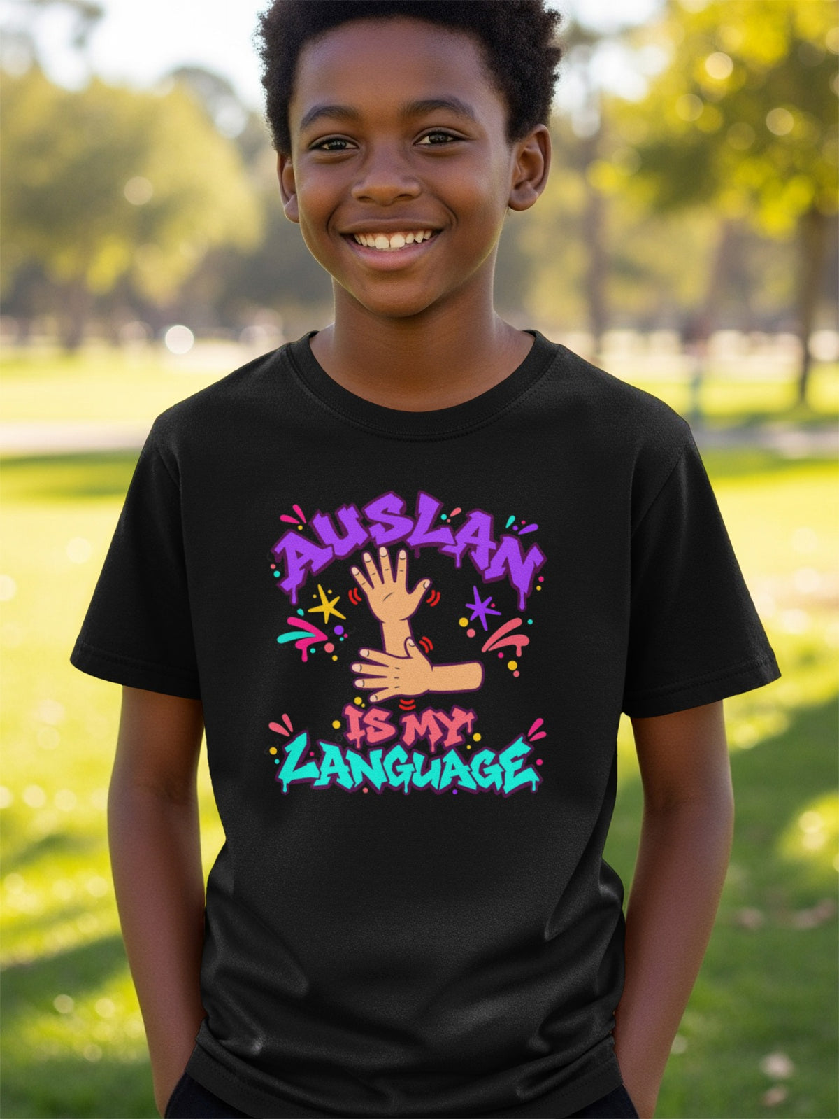 Black t-shirt with "AUSLAN IS MY LANGUAGE" and hands in colorful graffiti style.