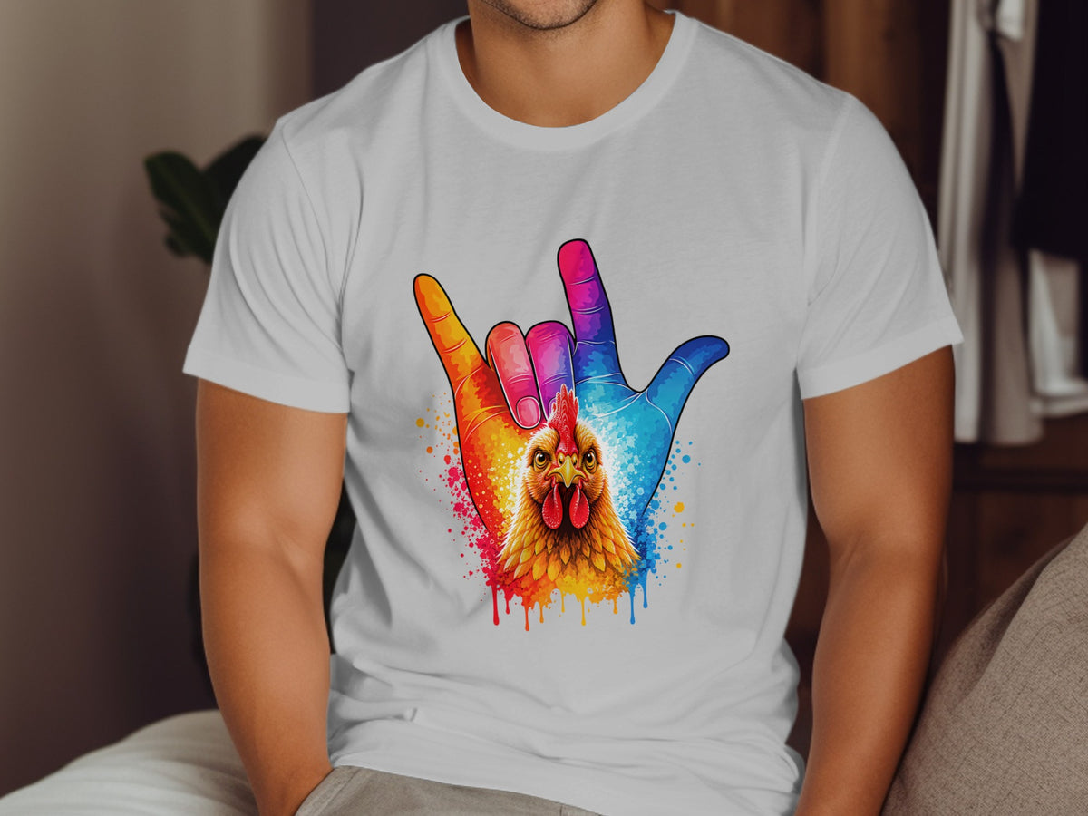 White t-shirt with colorful hand gesture and chicken graphic.