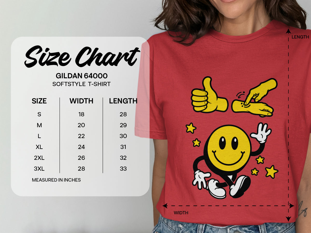 Gildan 64000 Softstyle T-shirt size chart with width and length measurements in inches.