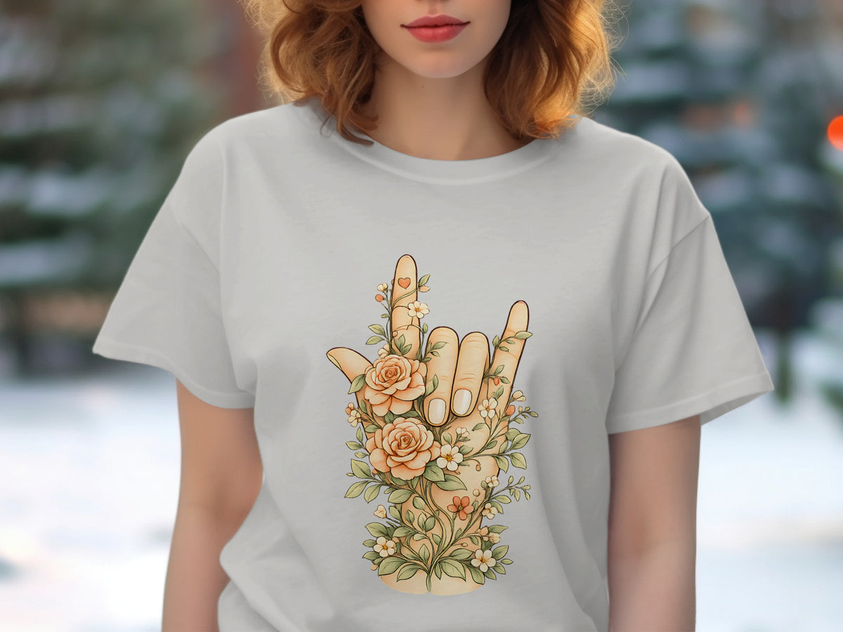 Light grey t-shirt with a "rock on" hand gesture adorned with roses and small flowers.
