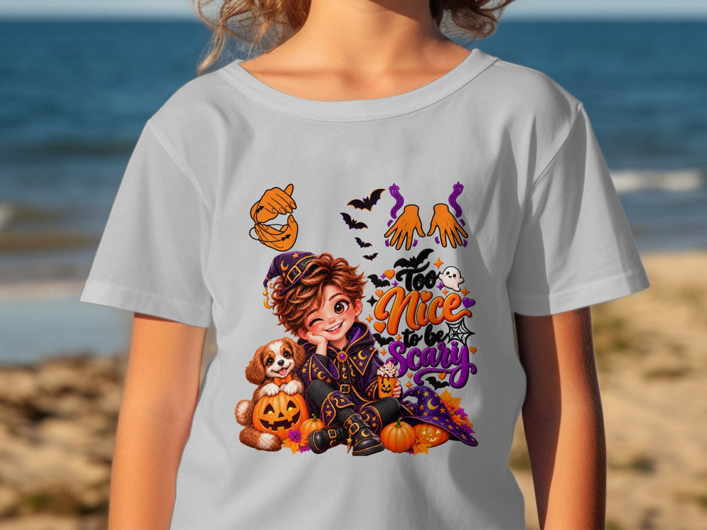 Halloween graphic with witch, dog, pumpkins, and text "Too Nice to be Scary".