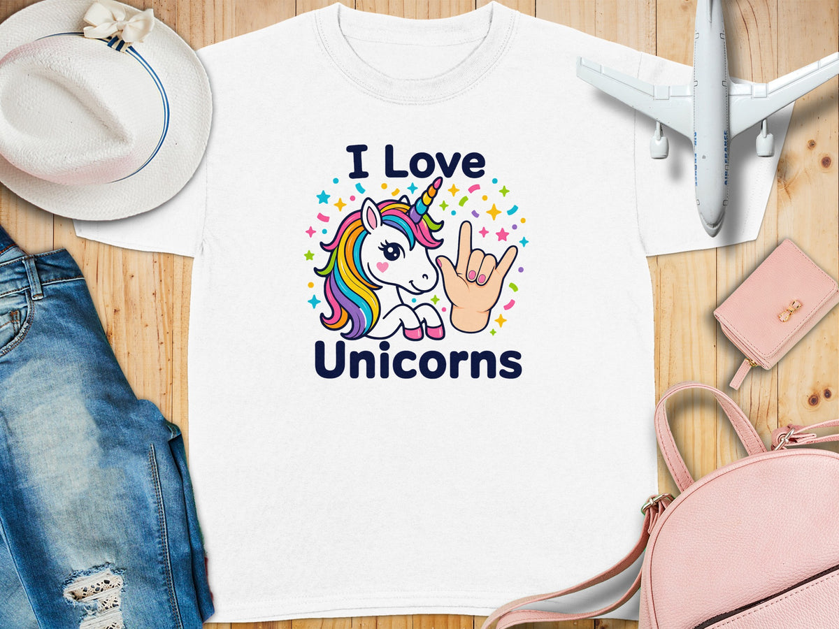 White t-shirt with "I Love Unicorns" text and a unicorn graphic.