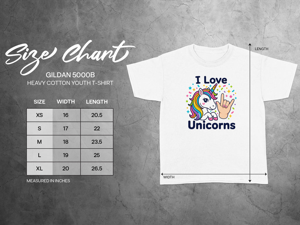 Gildan 5000B youth t-shirt size chart with unicorn graphic.