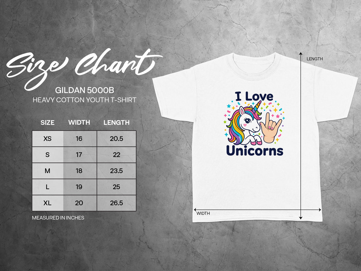 Gildan 5000B youth t-shirt size chart with unicorn graphic.