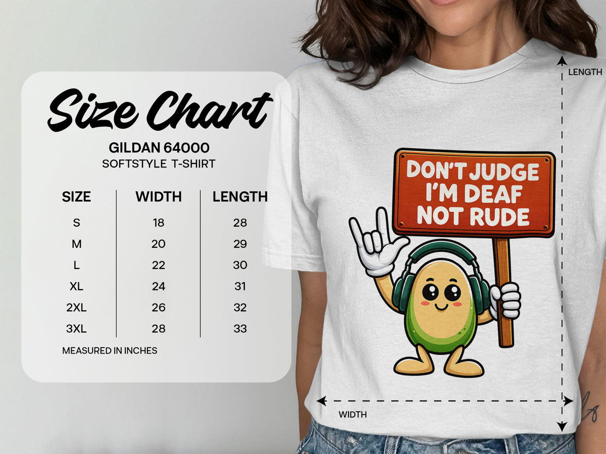 Gildan 64000 Softstyle t-shirt size chart with width and length measurements in inches.