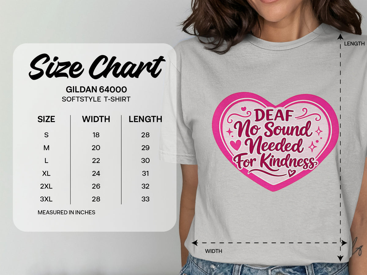 Gildan 64000 softstyle t-shirt size chart with width and length measurements.