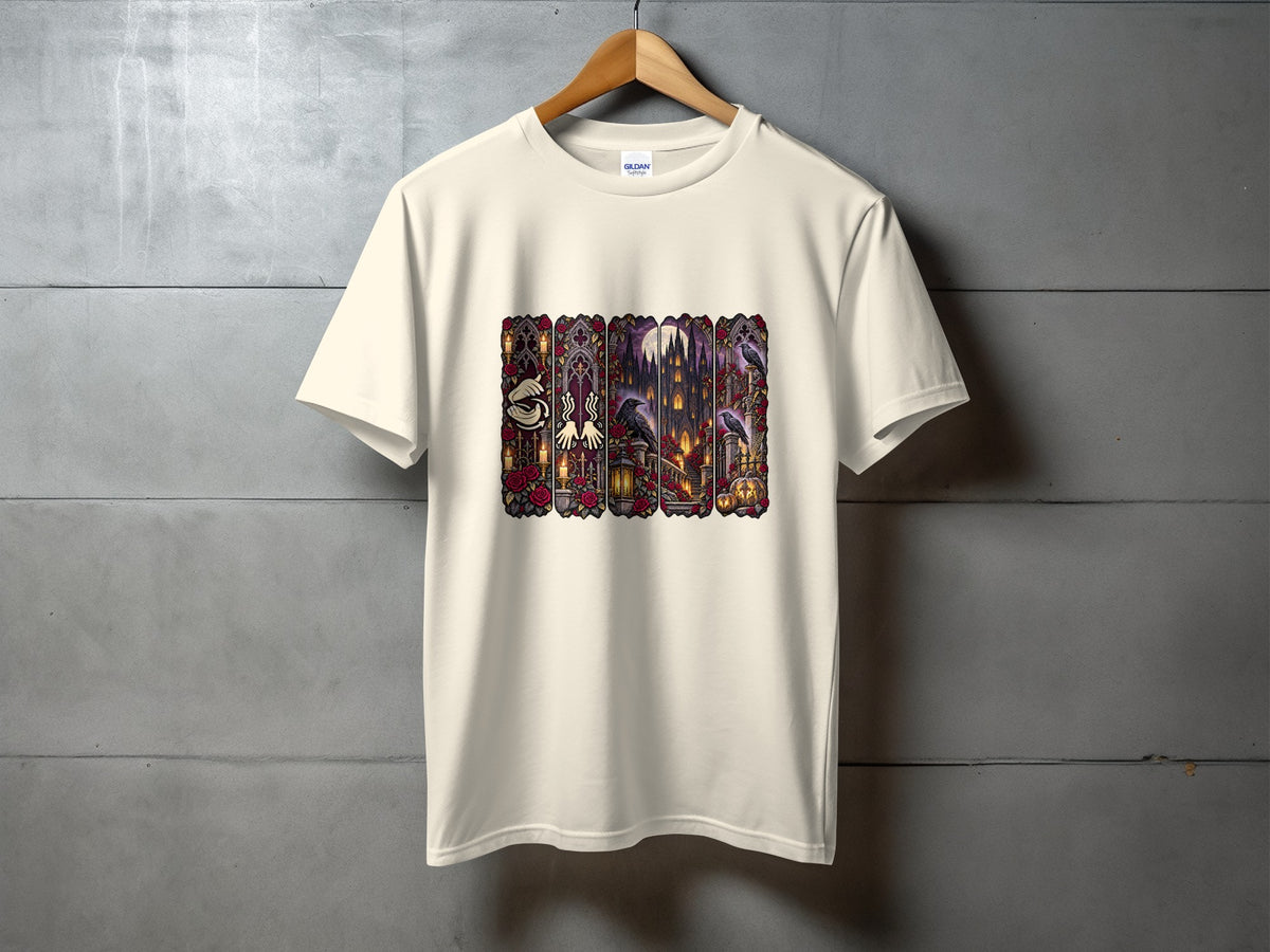 Cream t-shirt with a gothic castle, crows, roses, and haunted elements design.