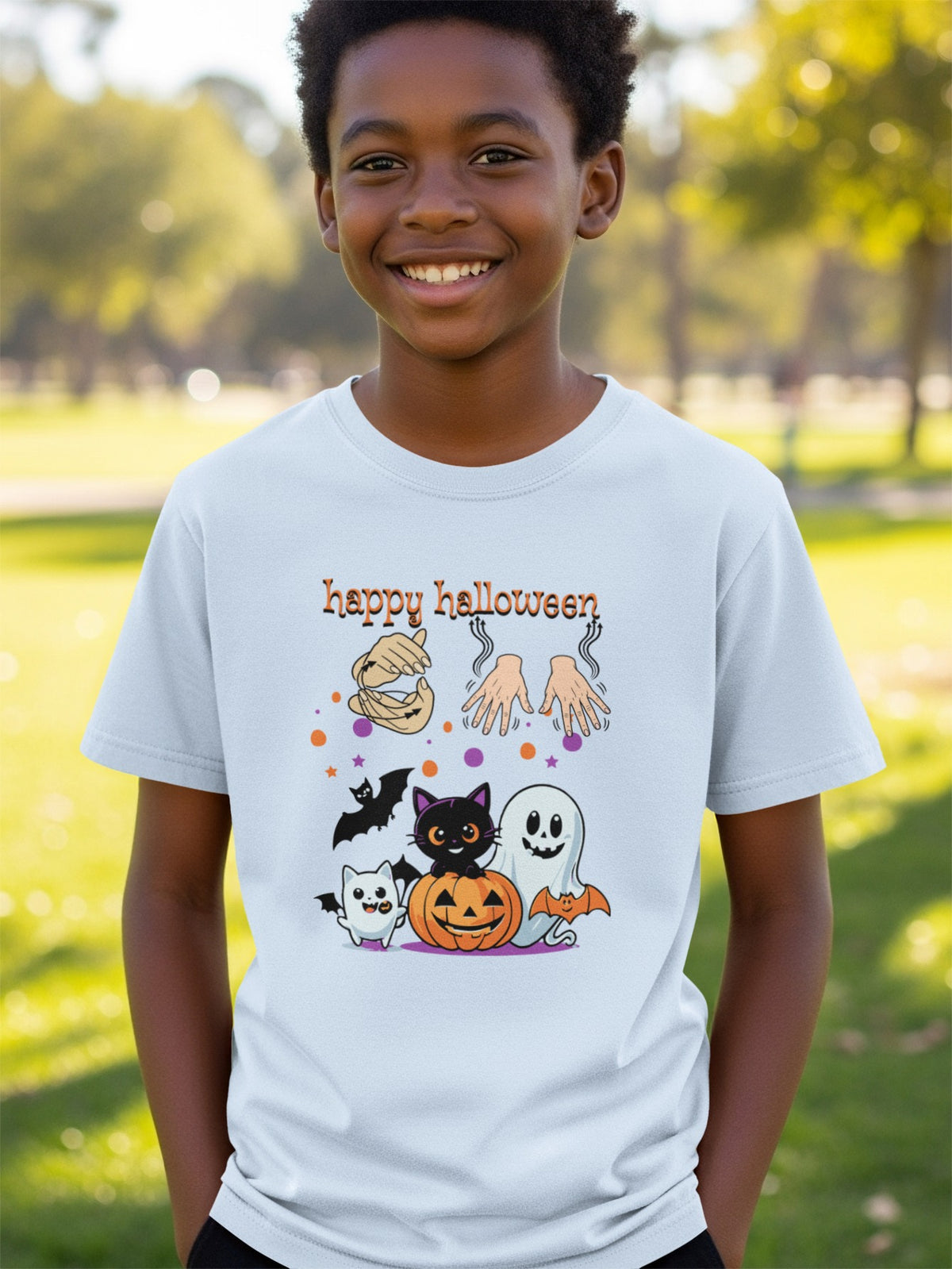 T-shirt with "happy halloween" text and cute Halloween characters.