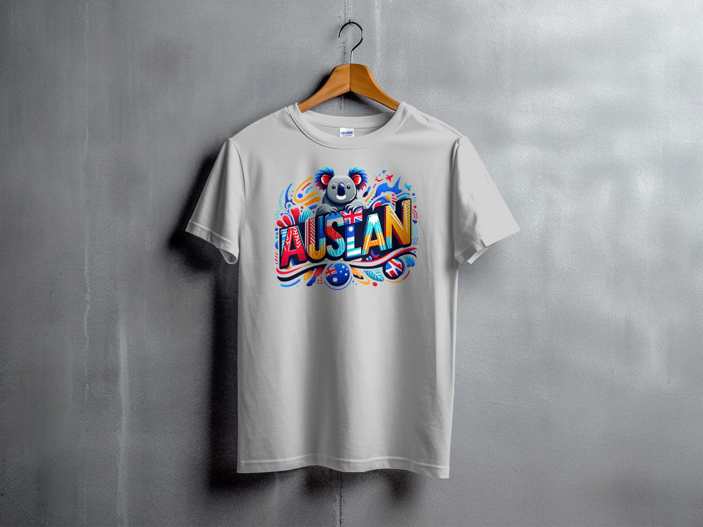 White t-shirt with a colorful "AUSLAN" graphic featuring a koala and Australian flag elements.