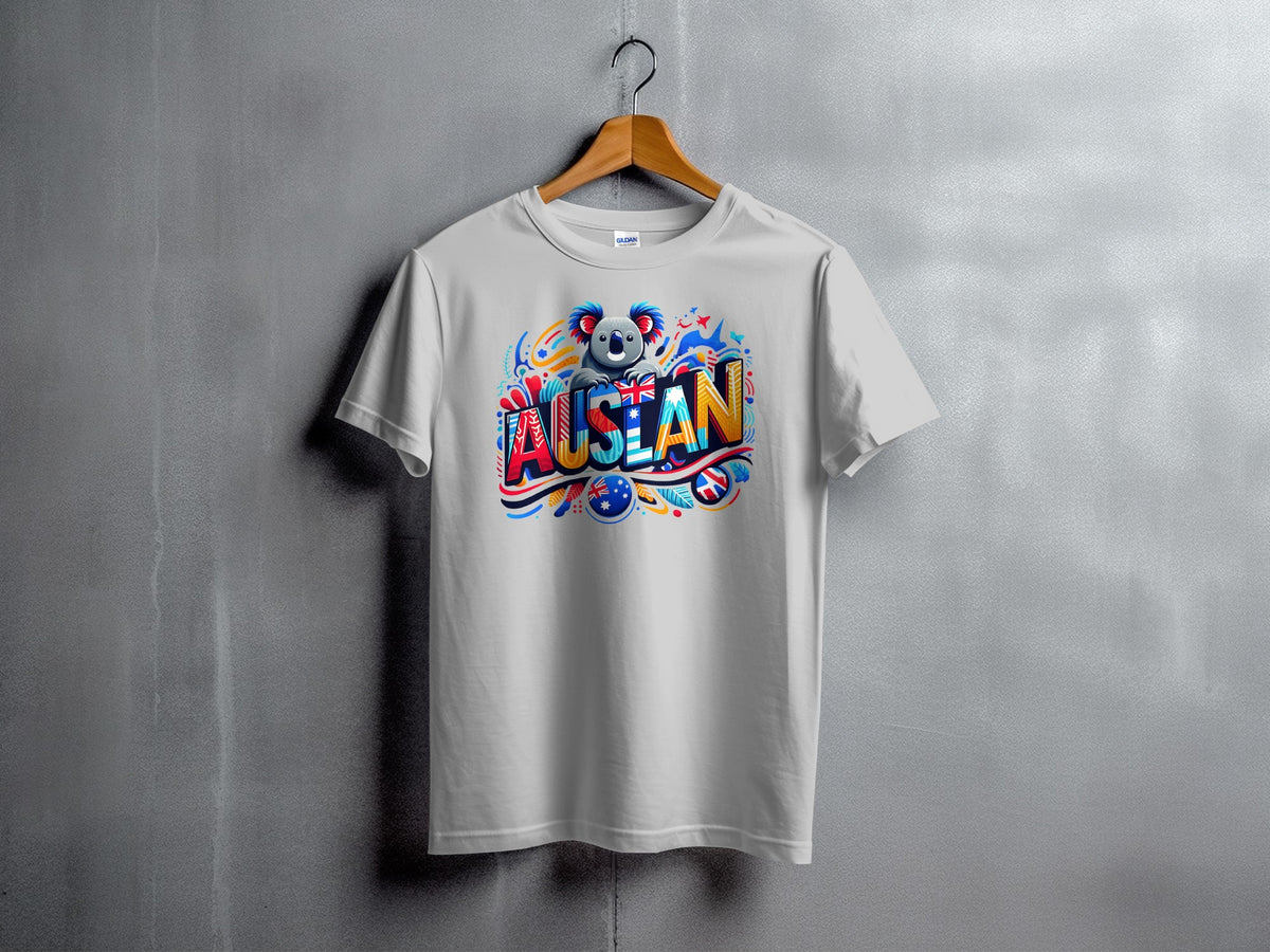 White t-shirt with a colorful "AUSLAN" graphic featuring a koala and Australian flag elements.