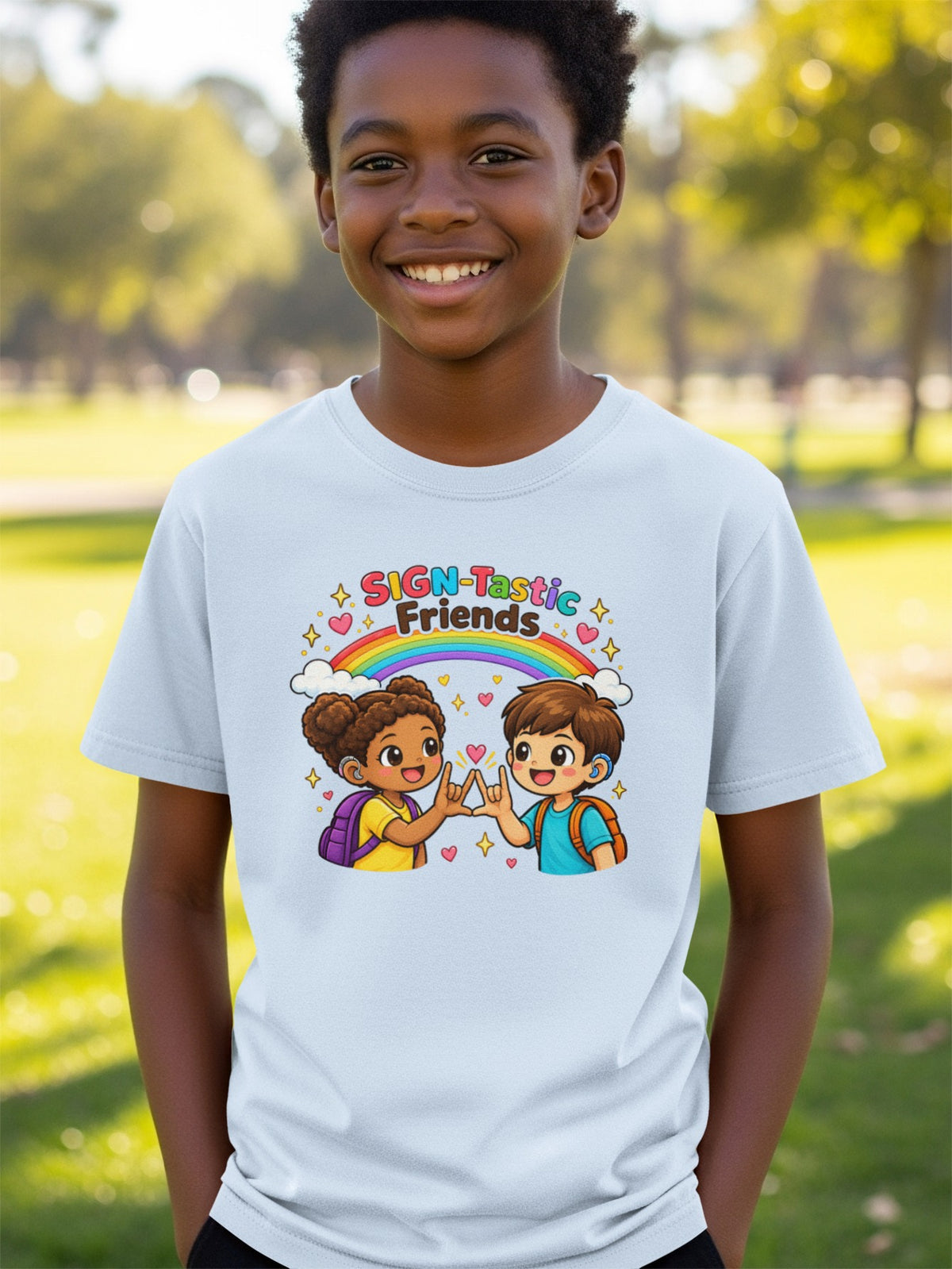 T-shirt graphic with children signing "friends" under a rainbow and text "SIGN-Tastic Friends".