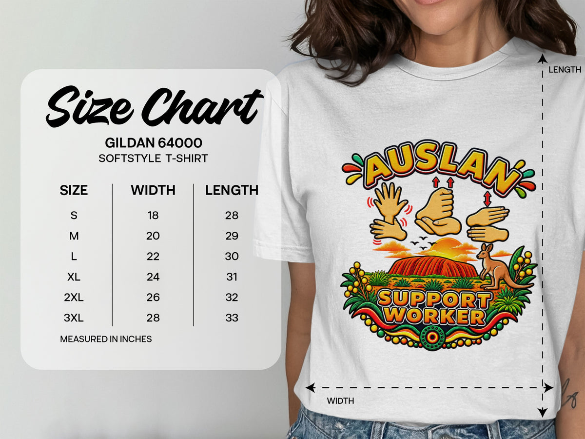 Gildan 64000 Softstyle t-shirt size chart with width and length measurements in inches.